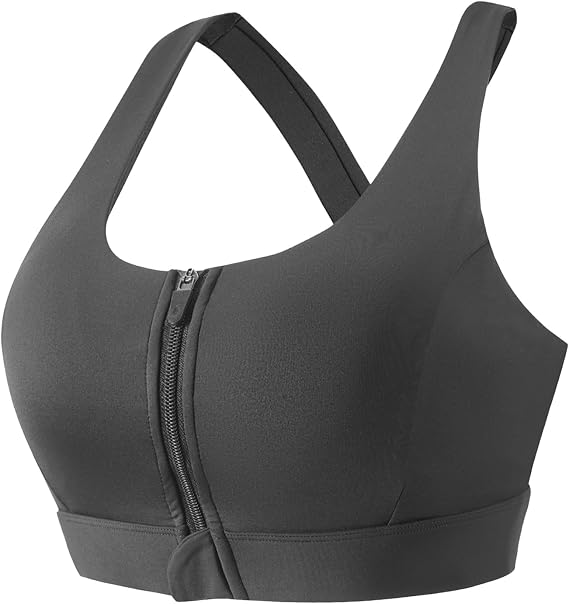 High Support Sports Bras for Women - High Impact Zip Front Sports Bra Padded Strappy Back Workout Bra L Black