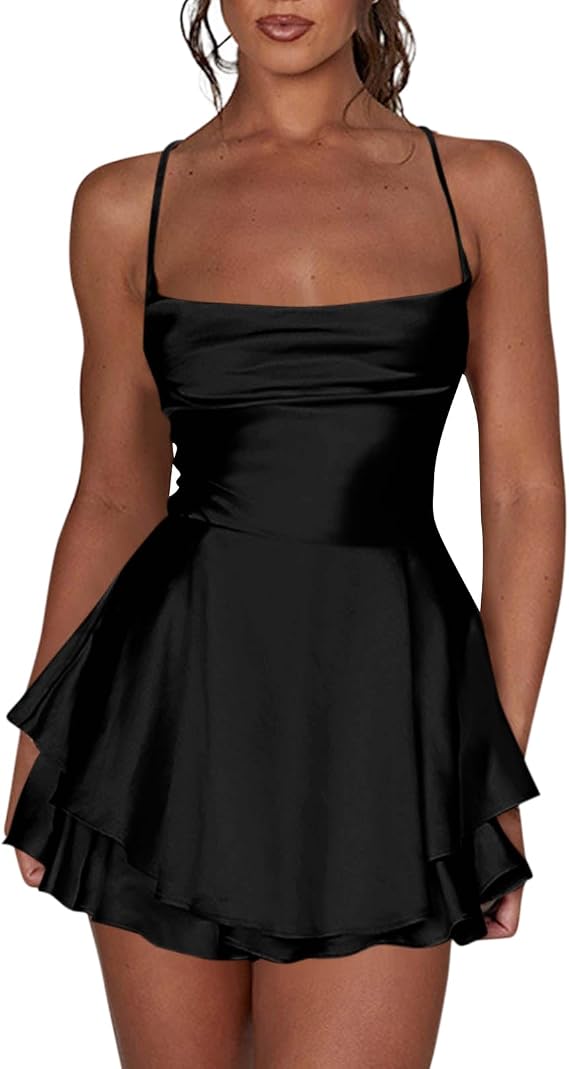 Women Sexy Backless Short Romper Satin Dress Spaghetti Strap Tie Ruffle Layer Jumpsuit Summer Beach Mini Dress