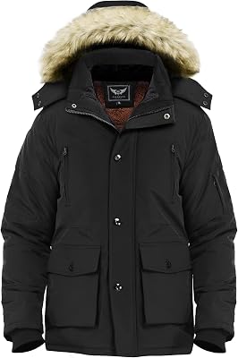 Mens Winter Thicken Coat Warm Faux Fur Lined Padded Puffer Parka Jacket with Removable Hood