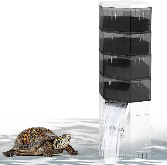 Turtle Tank Filter Shallow Strong 1000L/H, 4-Layer External Aquarium Fish Tank Filter with Quiet Waterfall Filtration, Water Change, Low Water Level 3cm for Turtle Tank Accessories