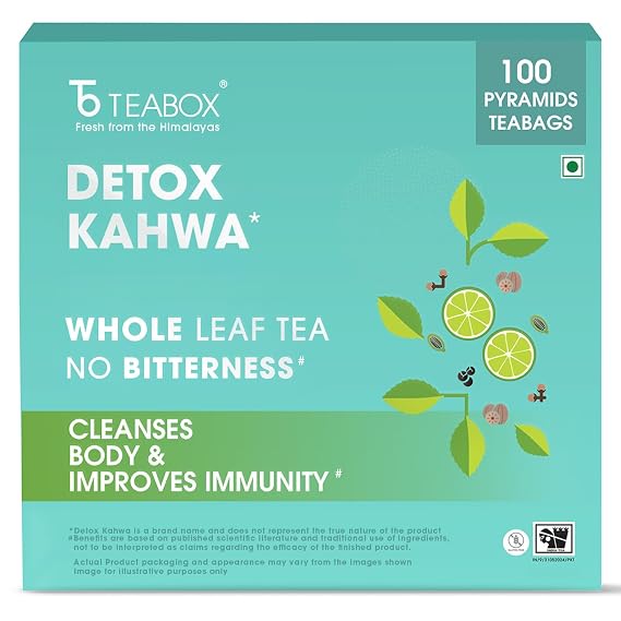 Teabox Detox Kahwa Green Tea Bags 100 pcs | For Natural Body Cleanse & Cold Relief | Made with 100% Indian Herbs & Spices