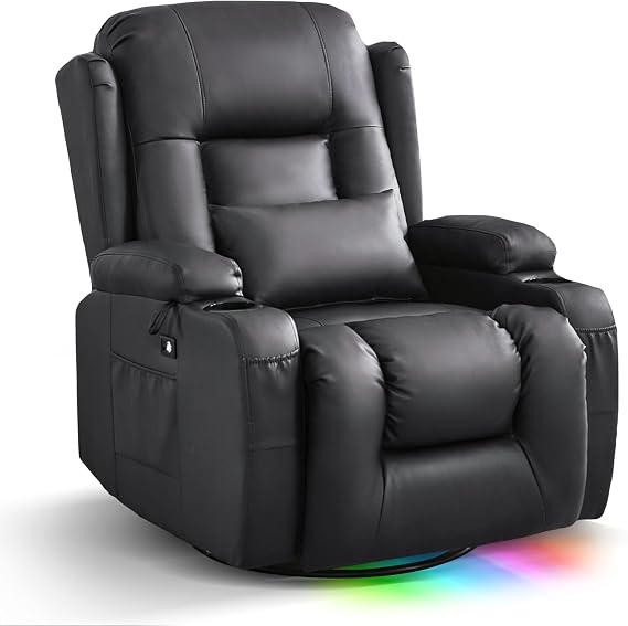 TUNYI Swivel Rocker Recliner Chair - 360 Swivel Reclining Chair Faux Leather Rocking Chair with LED Light/Cup Holder/Side Pocket/Pillow for Living Room (Black, Single)