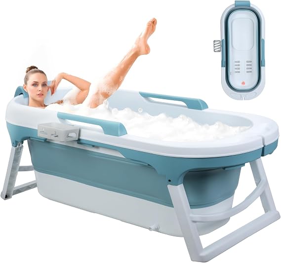 56" Bathtub for Adults, Portable Bathtub with Storage Basket - Collapsible Soaking Tub for Hot & Ice BathErgonomic Back Cushion Headrest & Anti-Slip Seat Design Capacity 220Lbs Blue3