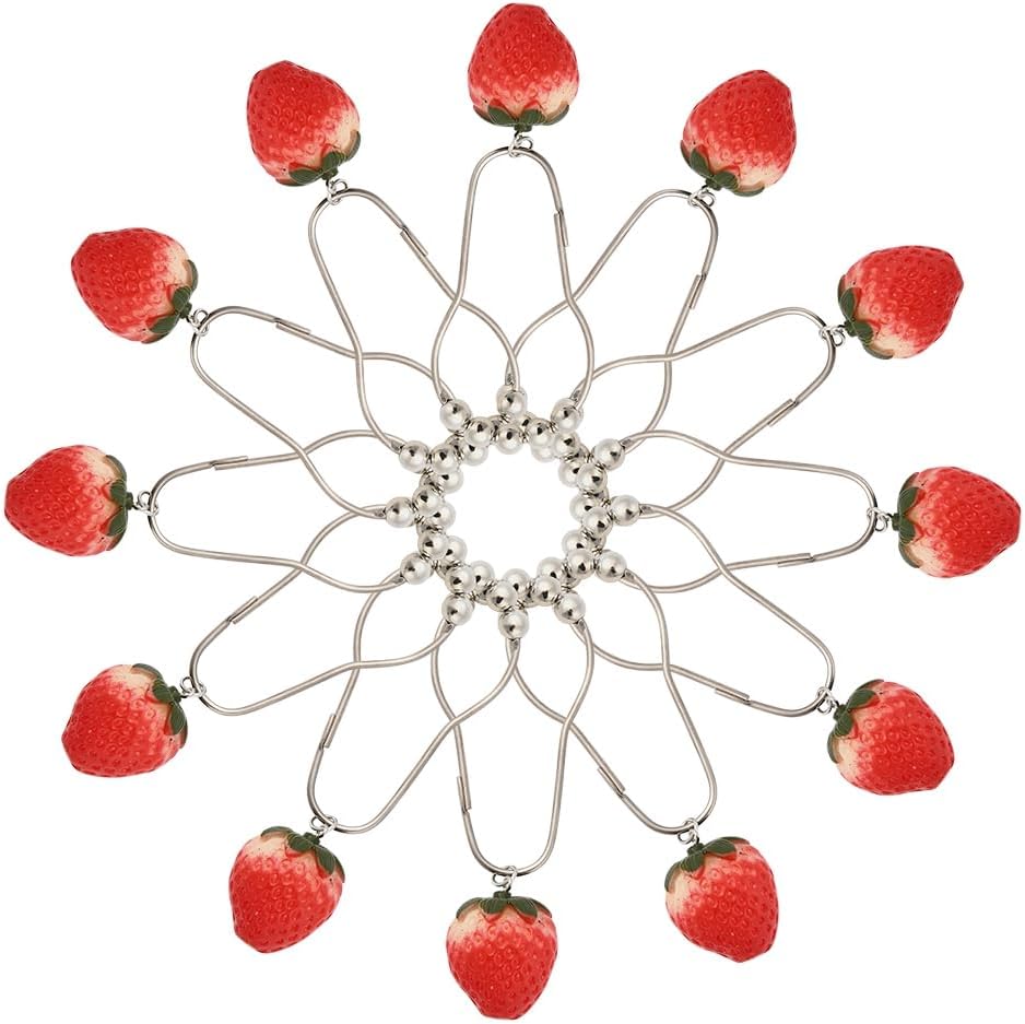 12-Piece Set Strawberry Shower Curtain Hooks for Bathroom Shower Rods, Sweet Strawberry Fruit Themed Bathroom Decorations Stainless Steel Rustproof Shower Curtain Rings Strawberries