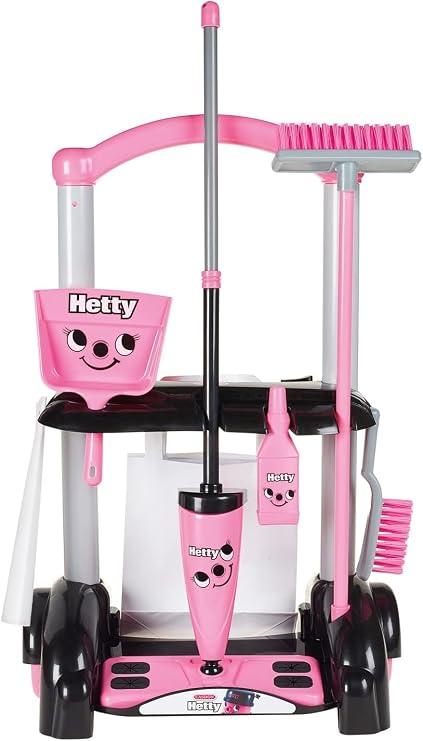 Casdon Henry & Hetty Toys - Hetty Cleaning Trolley - Pink Hetty-Inspired Toy Playset with Mop, Brushes, Dustpan, Accessories - Kids Cleaning Trolley Set - For Children Aged 3+