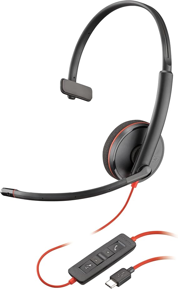 Poly Blackwire 3210 Wired Headset (Plantronics) - Noise-Canceling Mic - Single-Ear Design - Connect to PC/Mac via USB-C or USB-A - Works w/Teams, Zoom -