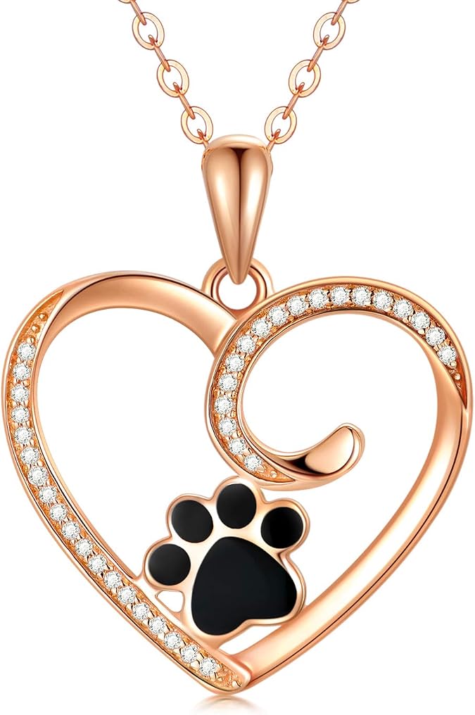 14k Gold Heart Pendant Necklace for Women, Real Gold Dog Cat Paw Print Jewelry Gifts for Her, 16-18 Inch
