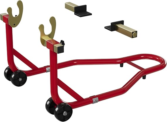 Heavy Duty Motorcycle Stand Lift, Adjustable U&L Fork Head Wheel Lift for Maintenance and Repairs, 450 LBS Capacity, Steel Construction, Red, 1 Piece With Gloves