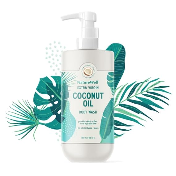 NATURE WELL Extra Virgin Coconut Oil Ultra-Moisturizing Body Wash, Gentle & Creamy Formula Packed with Antioxidants, Vitamins A, C & E, Squalane, Provides Gentle Cleansing & Intense Hydration, 33 oz