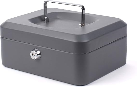 Pavo - Premium 8-Inch Metal Cash Box 20 x 16 x 9 cm with 2 Keys and Removable Change Tray - Dark Grey