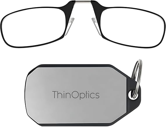 ThinOptics Folding Reading Glasses, 1.0 to 2.5, Keychain Case, Travel Ready | Armless Nose Clip Readers with Flex Fit that Fold into a Pocket Sized Shell, Fits Men and Women, Scratch Resistant Lenses
