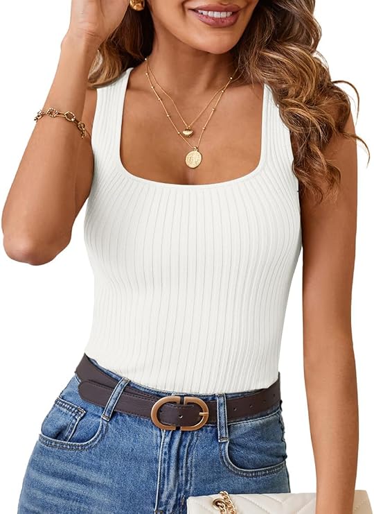 MEROKEETY Womens Summer Casual Ribbed Knit Square Neck Basic Tank Tops 2026
