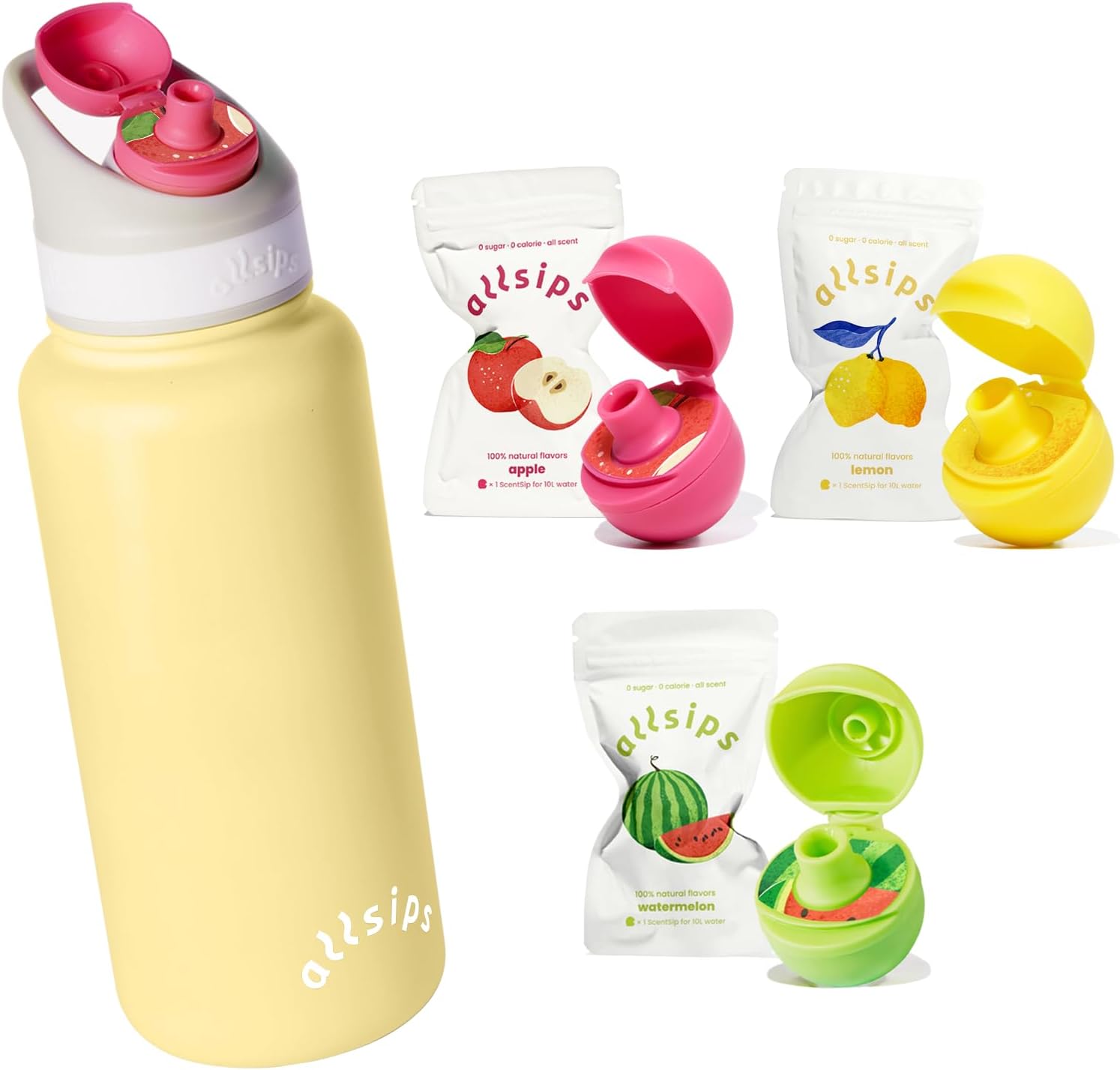 32oz Air Water Bottle with Straw & 3 Refresher ScentSip Flavor Pods（Yellow