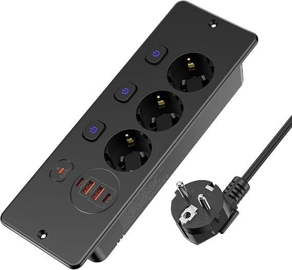 Table Top Retractable Socket 3 Compartments Built-in Power Strip with 4 USB Built-in Socket with USB C (PD 20W) Table Socket with Individually Switchable - 2 m Cable Black