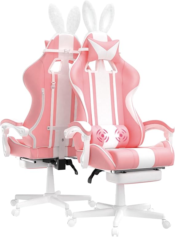 Ferghana Gaming Chair Pink Ergonomic Gaming Chair for Adults & Teens Racing PC Gamer Chair Office Gaming Chair with Footrest Office Gaming Chair with Massage for Girls Recliner Silla Gamer Rosa