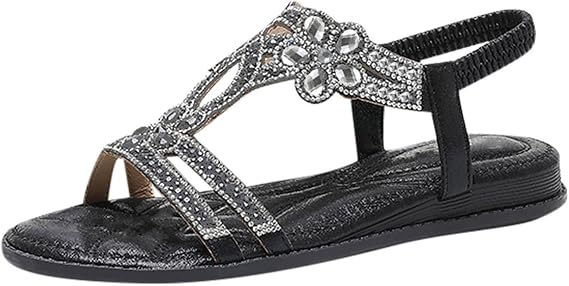 Womens Sandals Dressy Summer Flat, Women's Casual Bohemian Beach Shoes Fashion Crystal Open-Toe Low Heeled Sandals
