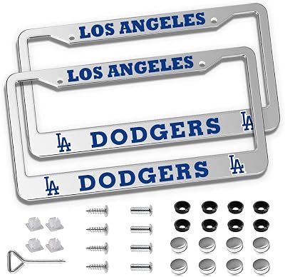 2 Piece License Plate Frames for Dodgers Fan, Anti-Dirty and Rustproof Aluminum Alloy License Plate Frames US Standard License Plate Holder with Screw Caps Set D-Silver