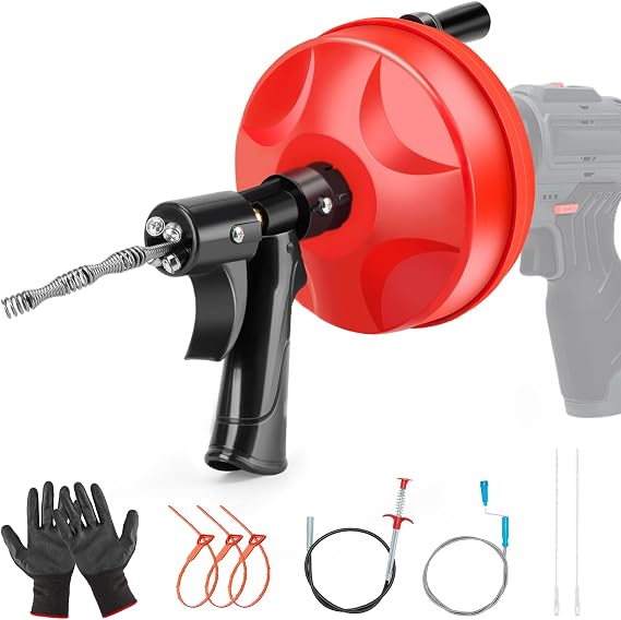 35ft Plumbing Snake Drain Auger with Auto-Retract Function | Multi-Accessory Unclogging Kit for Bathroom Shower, Sink, Kitchen Clog Removal Ideal for Homeowners & Professional Plumbers