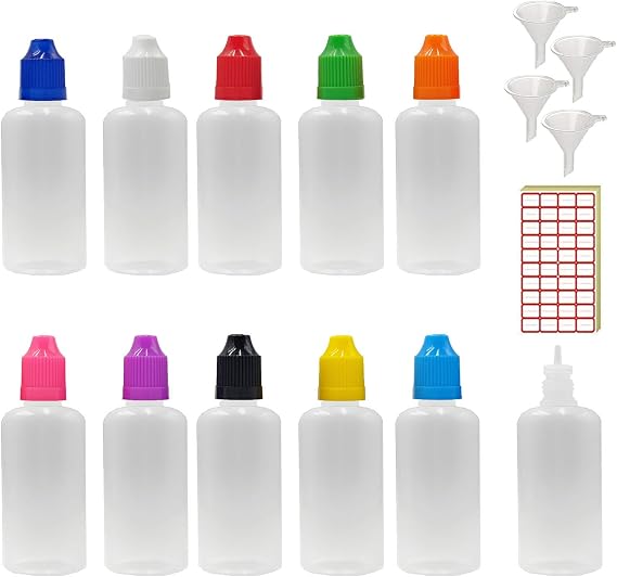 XIAONAN 20 Pack x 50ml LDPE Plastic Liquid Water Squeezable Eye Dropper Empty Bottles (Bottles + Mixed Colour Caps + Tips + Funnel + Label)