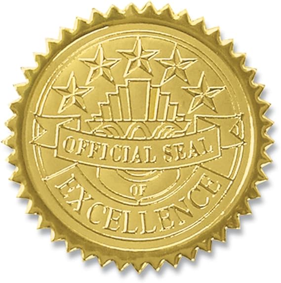 PaperDirect Official Seal of Excellence Embossed Gold Foil Certificate Seals, 2 Inch, Self Adhesive, 100 Count, Embossed Seals for Certificates, Achievement Award Stickers for School, Work, Diploma