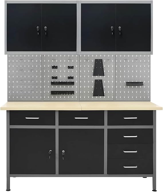 Heavy-Duty Workbench with Storage Cabinets & Drawers - Steel & Engineered Wood Garage Organization Model3053435