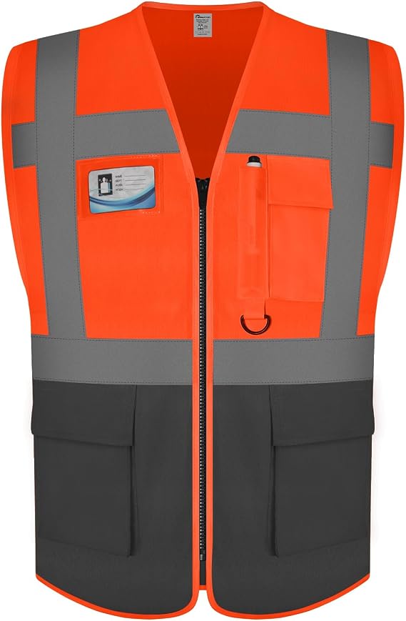 Hi Vis Vests, High Vis Vests for Men Women, High Visibility Safety Vest for Traffic Management, Public Safety, Transport, Meets ANSI/ISEA Standards, UK1-Orange Gray, S.