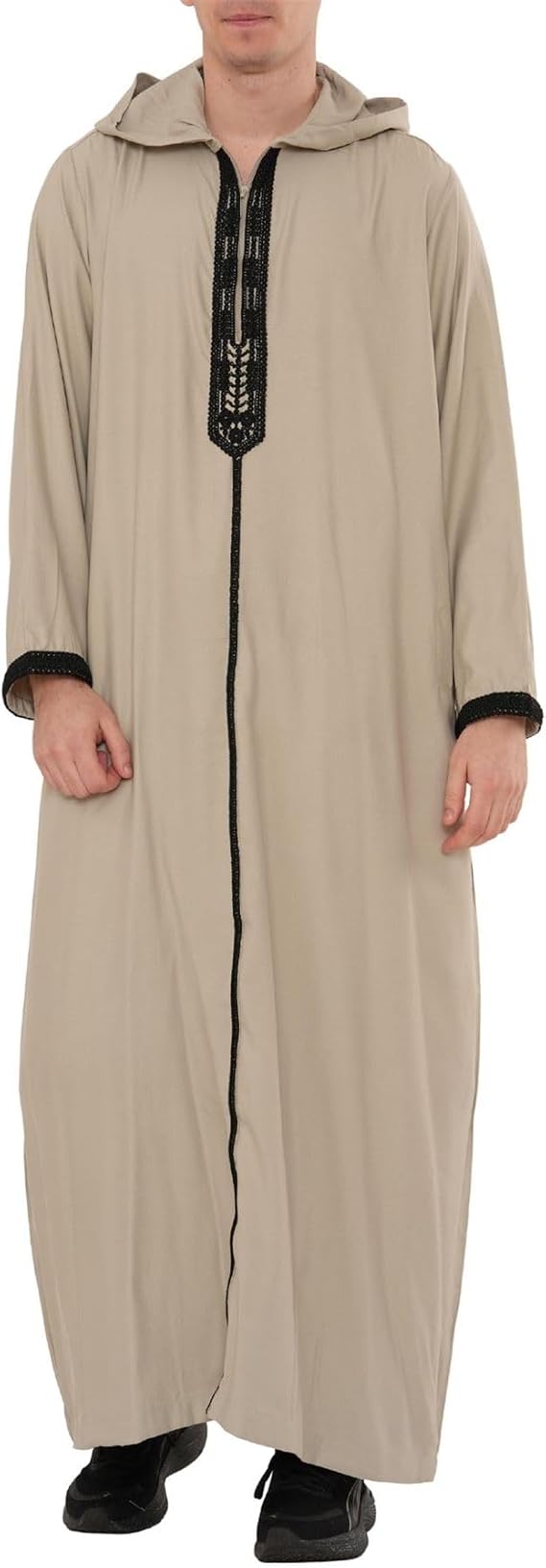 Men's Grey Moroccan Thobe Hooded Djellaba Gandoura Black Embroidery Kaftan Eid Robe Jubba
