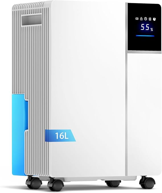 16L/Day Dehumidifier with Auto Humidity Sensor & Digital Display, 24H Timer, Childlock, Sleep Mode, 3 Color Light, Smart Dehumidify for Home Basement Office Garage, With 2L Water Tank & Drain Hose