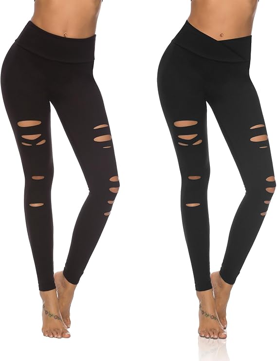 DIBAOLONG Womens High Waist Yoga Pants Cutout Ripped Tummy Control Workout Running Yoga Skinny Leggings