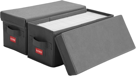 NUSWOR Premium CD Storage Box - 2 Pack - Grey | Stackable CD Organizer Box with Lid - Holds 70 Jewel Cases - 14.37 x 5.5 x 6.3 inches