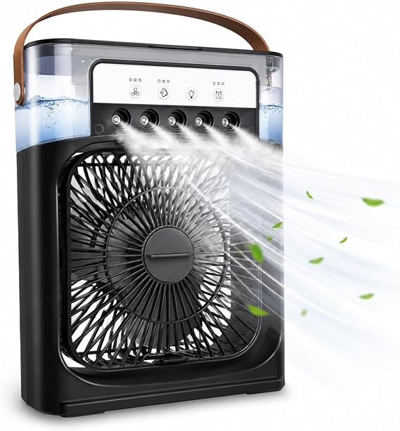 Coverzone Buharlı Hava Soğutucu,Taşınabilir Kablolu Portatif Klima, 600 Ml, Mobil Sulu Klima, 3 Rüzgar Hızı, 3 Sis Modu, Buzlu Vantilatör 5 Sprey Delikli ile Renkli LED Işıklı-26x19x8 Cm, K27 [Enerji Sınıfı A+]