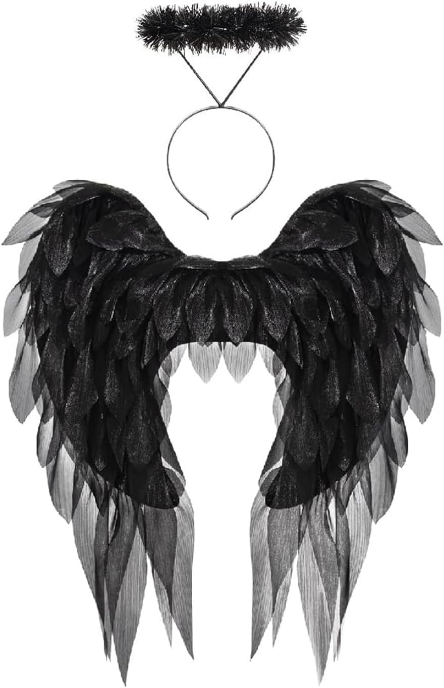 Chiffon Angel Wings and Halo Set,Angel Wings Costume for Girls Teens,Halloween Outfit Cosplay Costume Accessories