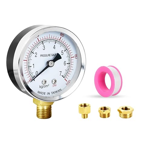 Well Pump Vacuum Pressure Gauge 60mm Dial Face 1/4" BSP, 0-7 Bar 0~100 Psi, with 3 Brass Bushing Adapters to 1/4" to 3/8