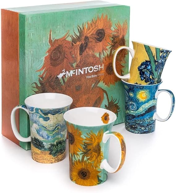 McIntosh Van Gogh Fine Bone China Set of 4 Mugs with Matching Gift Box (11 oz)