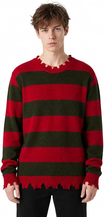 MCJC Adult Halloween Killer Costume Horror Movie Sweater, Red and Green, Distressed Edges