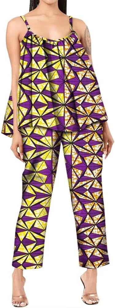 African Wax Print 2 Pieces Outfit Women Ankara Top and Pants Set Halter Tops
