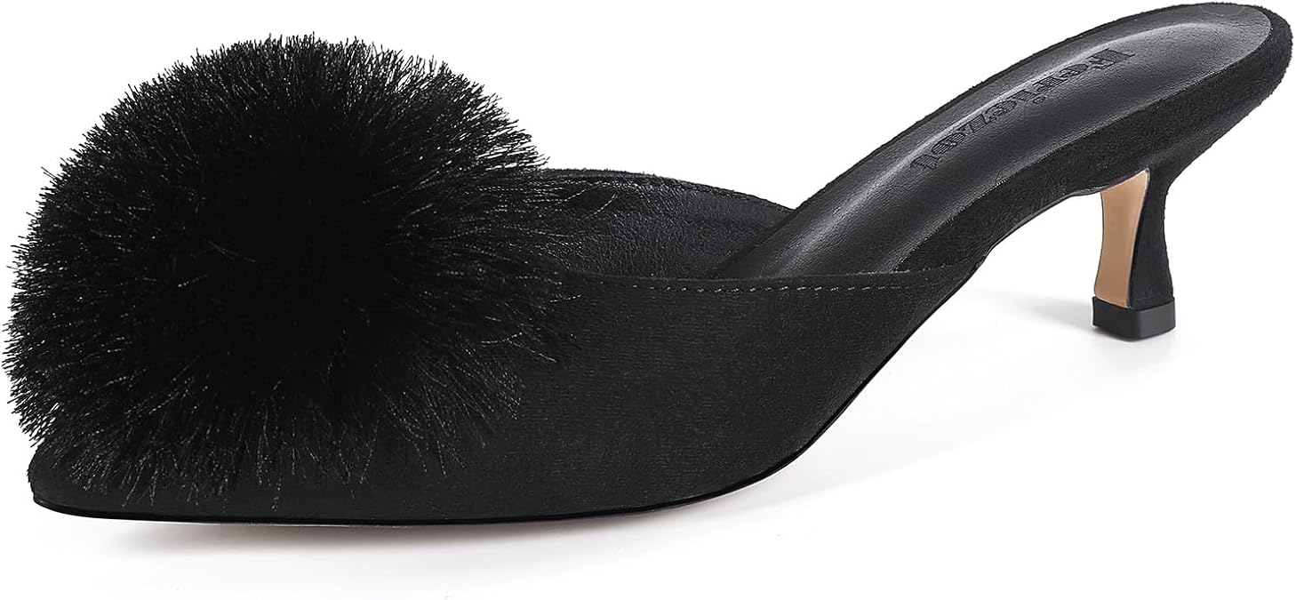 Fericzot Fluffy Poms-Poms Kitten Heel Mules for Women - Pointed Toe Backless Slip On Velvet Sandals Low Heel Dress Casual Cute Heeled Mules Shoes