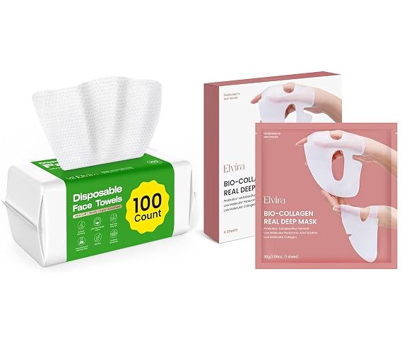 Elvira Disposable Face Towels & Bio-Collagen Face Mask Set - Biodegradable Ultra Soft Cleansing Wipes for Sensitive Skin & Deep Hydrating Overnight Masks - Perfect Skincare Duo for Firming and Moistur
