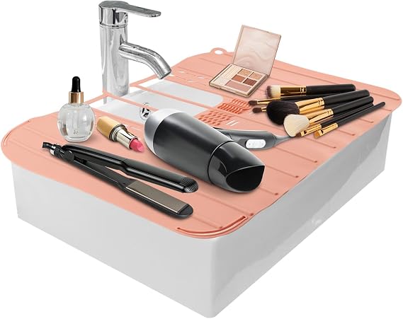 Bathroom Sink Cover For Counter Space Makeup,Bathroom Foldable Sink Cover,Silicone Beauty Makeup Brush Cleaning Mat,for Beauty Tools, Bathroom Sink Organizer Countertop(Light Pink)