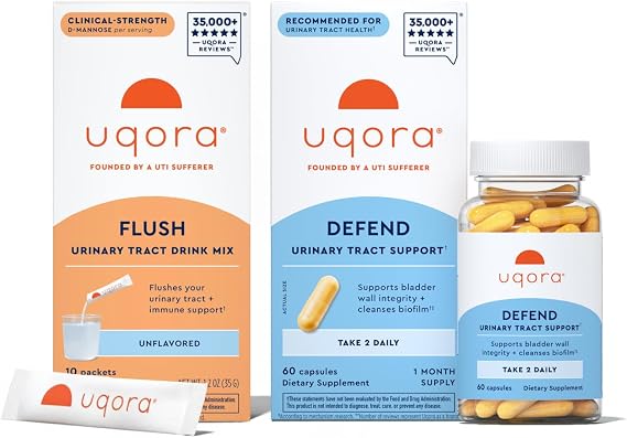 Uqora Flush (Unflavored, 10 Packets) & Defend (60 Capsules) Bundle - Support Urinary Tract* with D-Mannose, Vitamin C & More - Support Bladder Health & Cleanse Biofilm* with D-Mannose & More