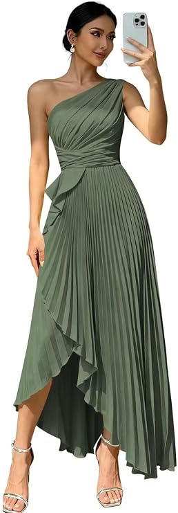 Pleated Satin Bridesmaid Dress One Shoulder Formal Party Dresses for Women GR023
