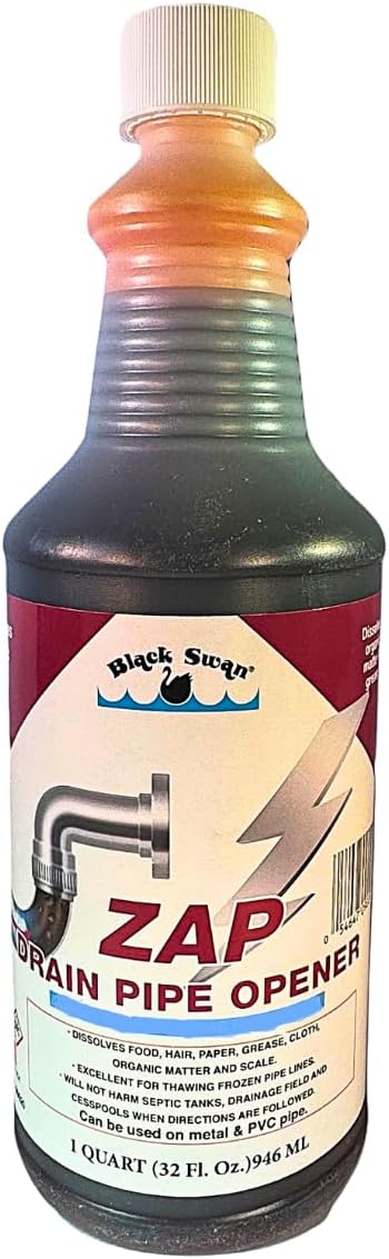 Black Swan 09020 ZAP Drain Pipe Opener, 32 Ounces, Heavy-Duty Formula Clears Clogged Drains & Waste Lines, Thaws Frozen Lines, Disintegrates Organic Matter, Safe for Septic Tanks