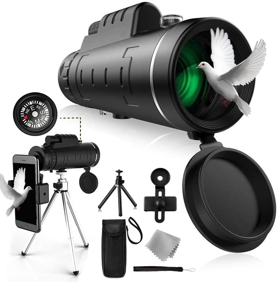 40X60 Monocular Telescope with Smartphone Adapter Compass 2023 High Powered BAK4 Prism High Definition Monoculars Scope for Hunting Wildlife Bird Watching Travel Camping Hiking Outdoor Activity Gifts