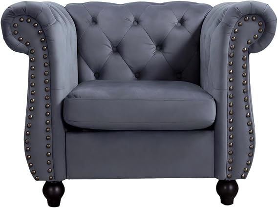 Container Furniture Velvet Chesterfield Armchair, Button-Tufted Backrest, Rolled Arms, High-Density Foam with Spring Support, Elegant Accent Piece, Chair, Grey