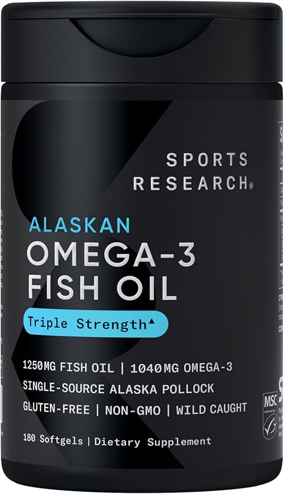 Sports Research Omega-3 Fish Oil 1250mg from Wild Alaska Pollock,180 Count