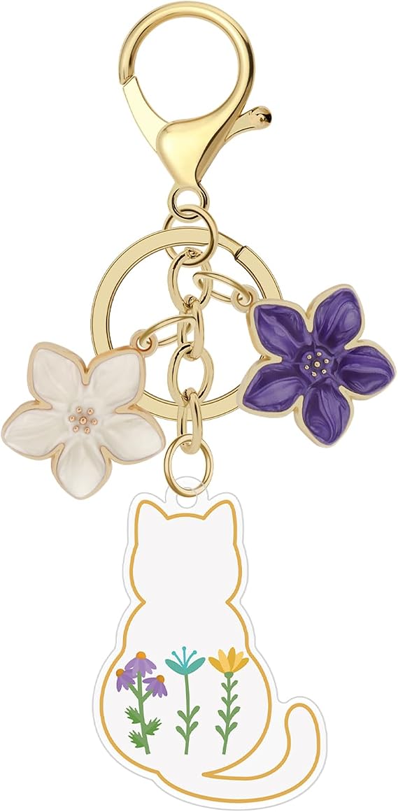 Elegant Floral Cat Keychain for Women Cute Acrylic Cat Shape Keychain with Purple & White Flower Charm Gift for Cats Lovers, Keyring for Car Key Purse Bag Journal Women Gift DIY Crafts Accessories