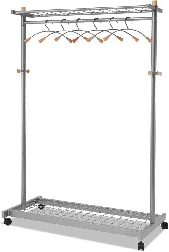 ALBA PMLUX6 Garment Racks, Two-Sided, 2-Shelf Coat Rack, 6 Hanger/6 Hook, Silver Steel/Wood