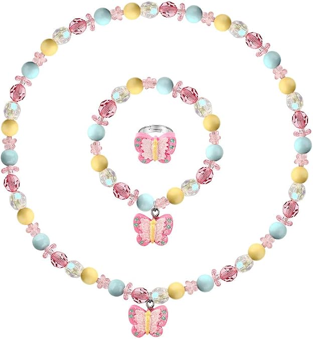 Msnailfly Butterfly Stretch Necklace Little Girl Toddler Necklace Bracelet Set, Little Princess Jewelry Kids Play Necklaces Butterfly Rings for Kids