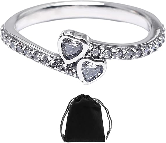 1 925 sterling silver heart-to-heart promise ring with 1 black velvet storage bag, diamond decorated women's silver ring, women's promise ring, special sterling silver ring for little finger