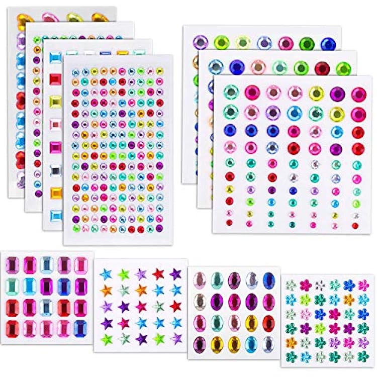 Self Adhesive Rhinestones, Cridoz 735Pcs Craft Gems Self Adhesive Jewels Stickers Crystal Jewels and Gems for Crafts 12 Sheets Assorted Shapes and Sizes